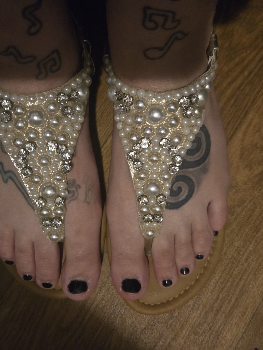 Not Rated Pearl and Crystal Embellished T-Strap Sandals - Ivory/Cream